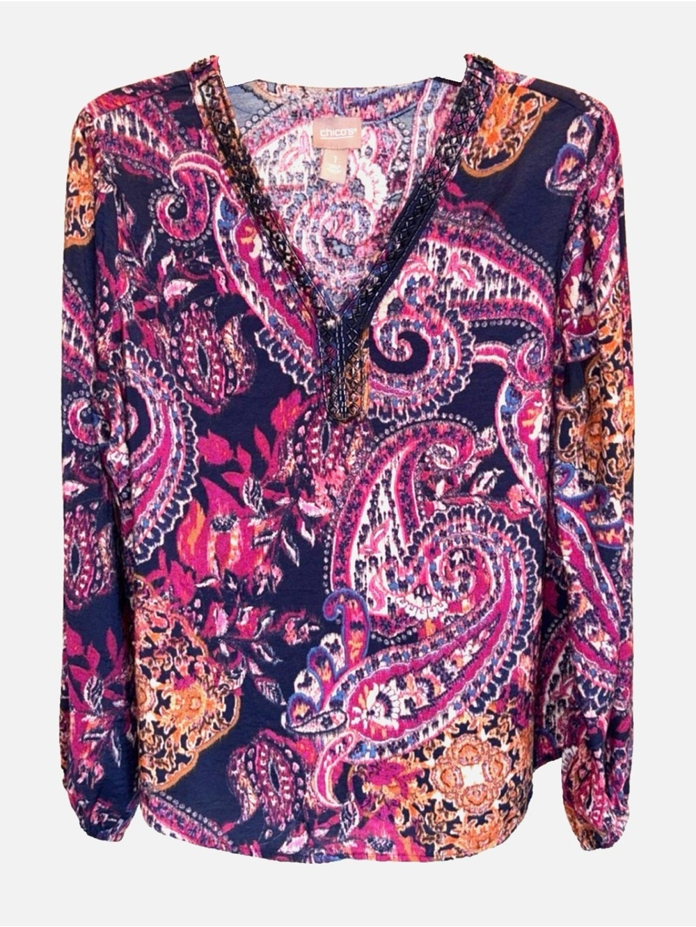 Chico’s Paisley Beaded Purple Pink Blouse Size 1 Medium Boho Top